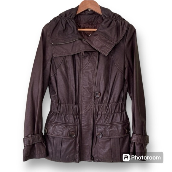 NWOT Danier Brown Leather Jacket Moto 80s Y2K High Collar Cinched Waist - Picture 1 of 17